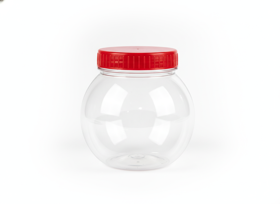 Clear red cap plastic round jar · Clear With Red Cap · 750 ml