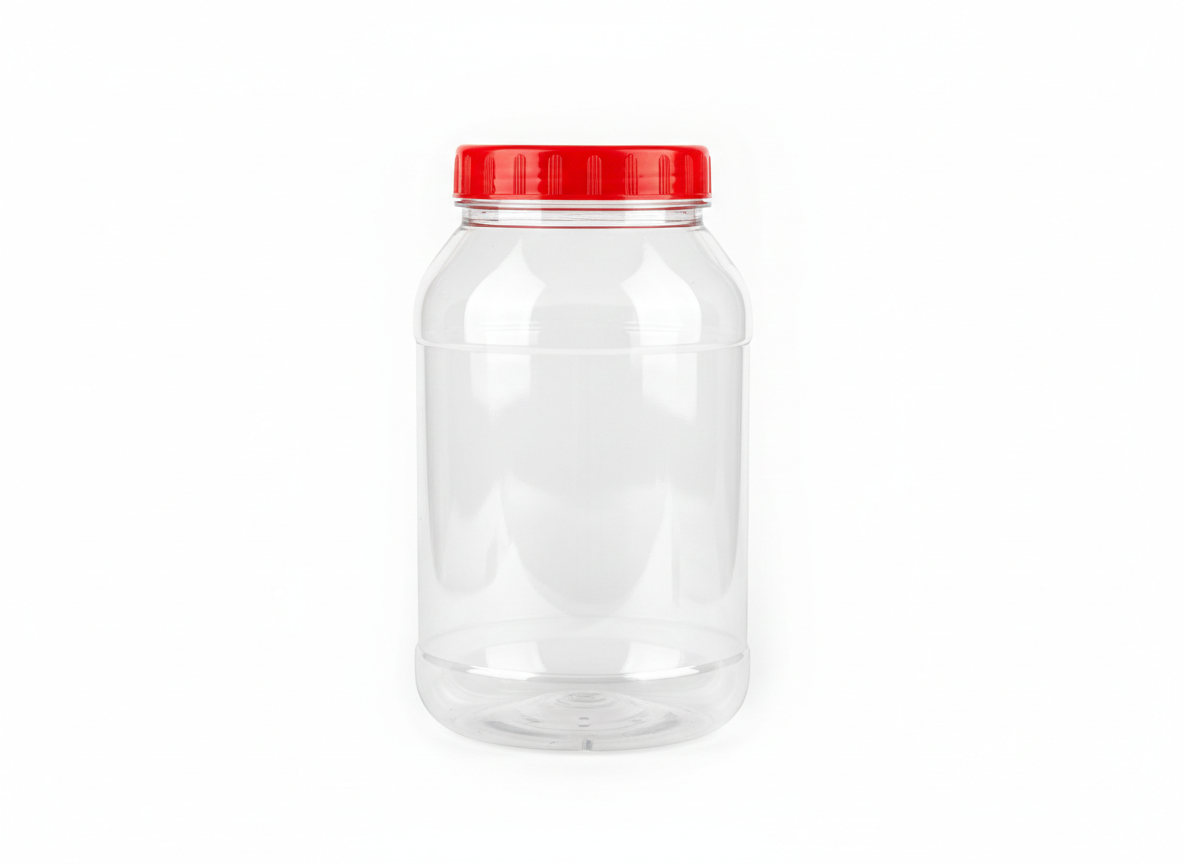 Clear red cap litre plastic round jar · Clear With Red Cap 1.5 Litre
