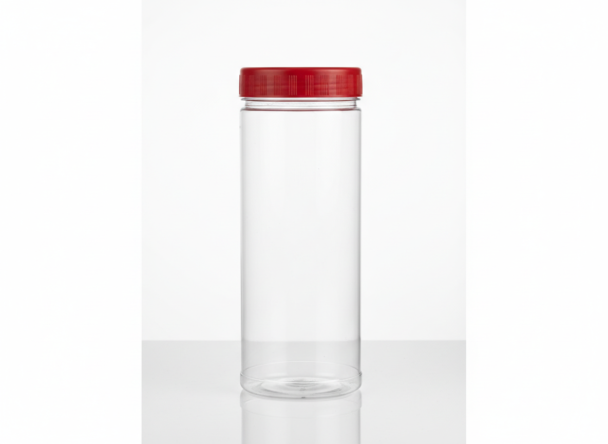Clear red cap plastic jar