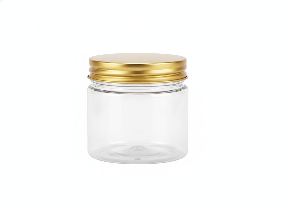 Clear golden lid plastic jar