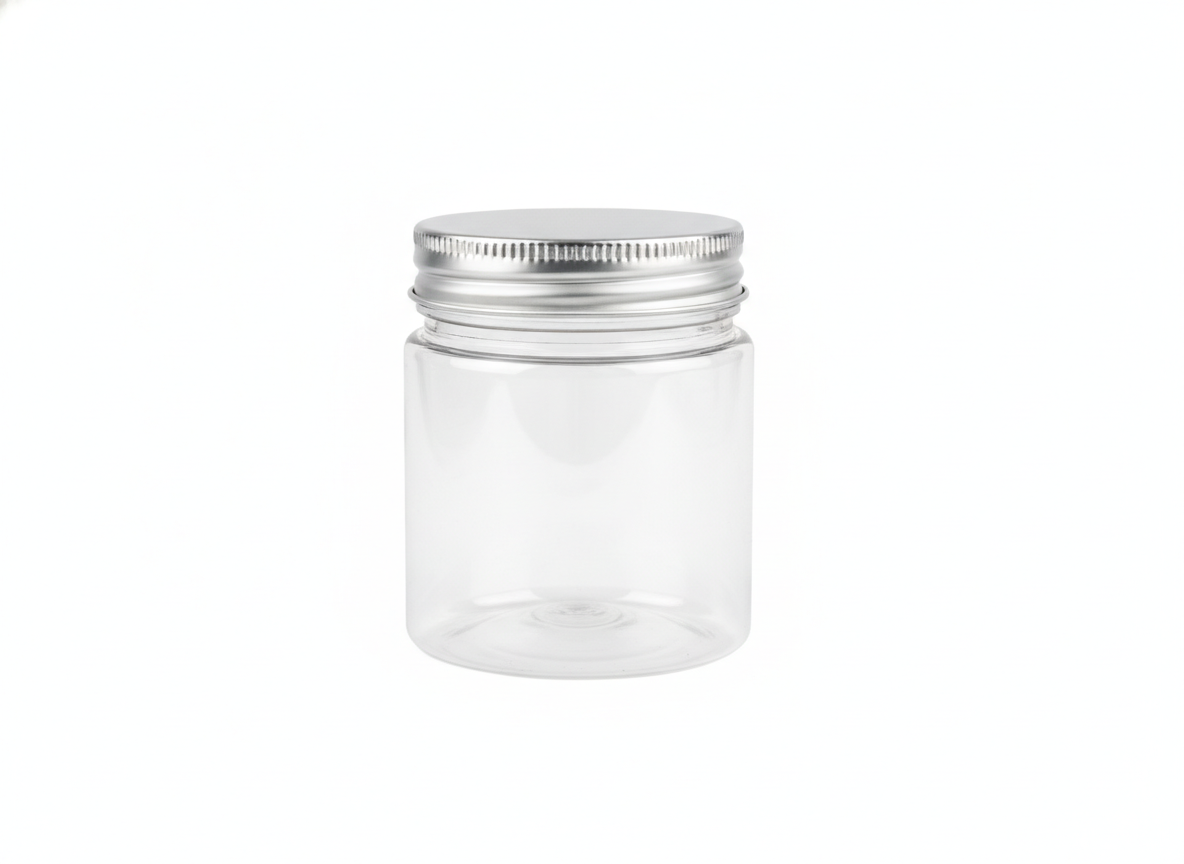 Silver lid plastic jar
