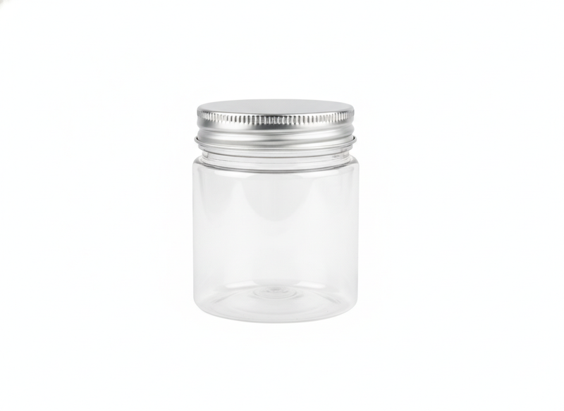 Silver lid plastic jar