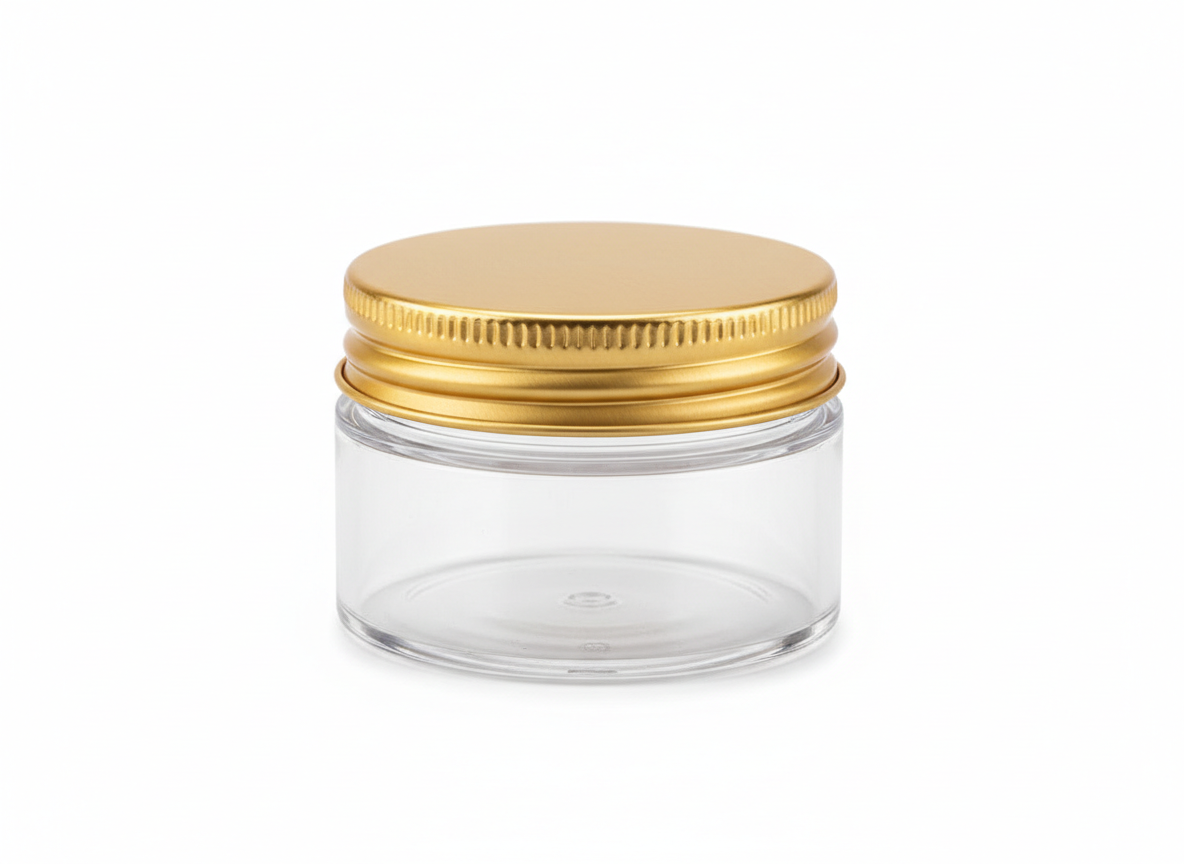 Round clear gold lid plastic jar