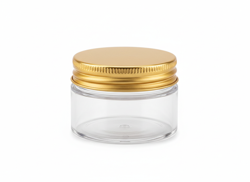 Round clear gold lid plastic jar