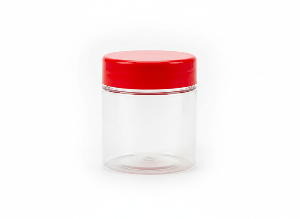 Round clear red lid plastic jar