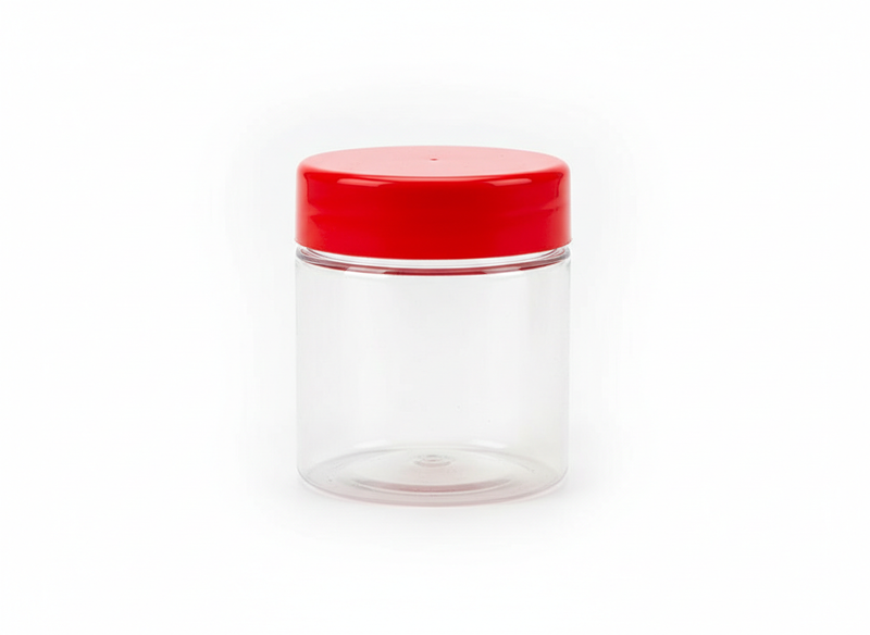 Round clear red lid plastic jar