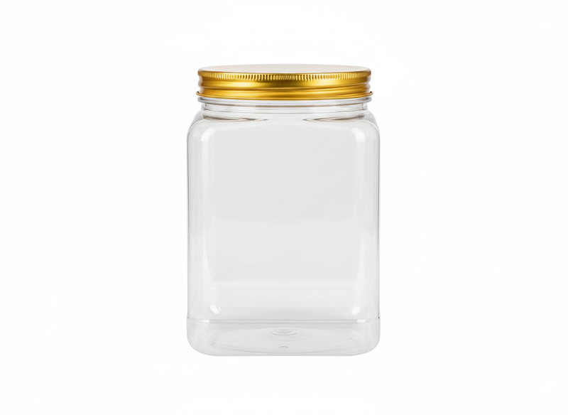 Square clear golden lid plastic jar