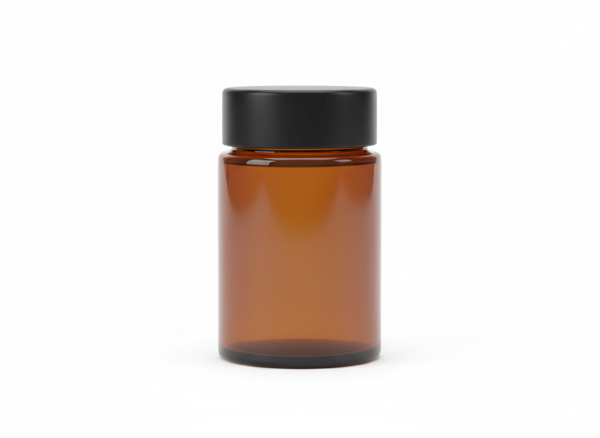 Amber black cap glass jar
