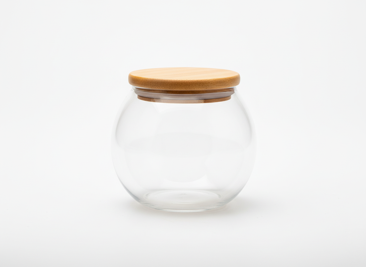 Ball shaped wooden lid glass jar