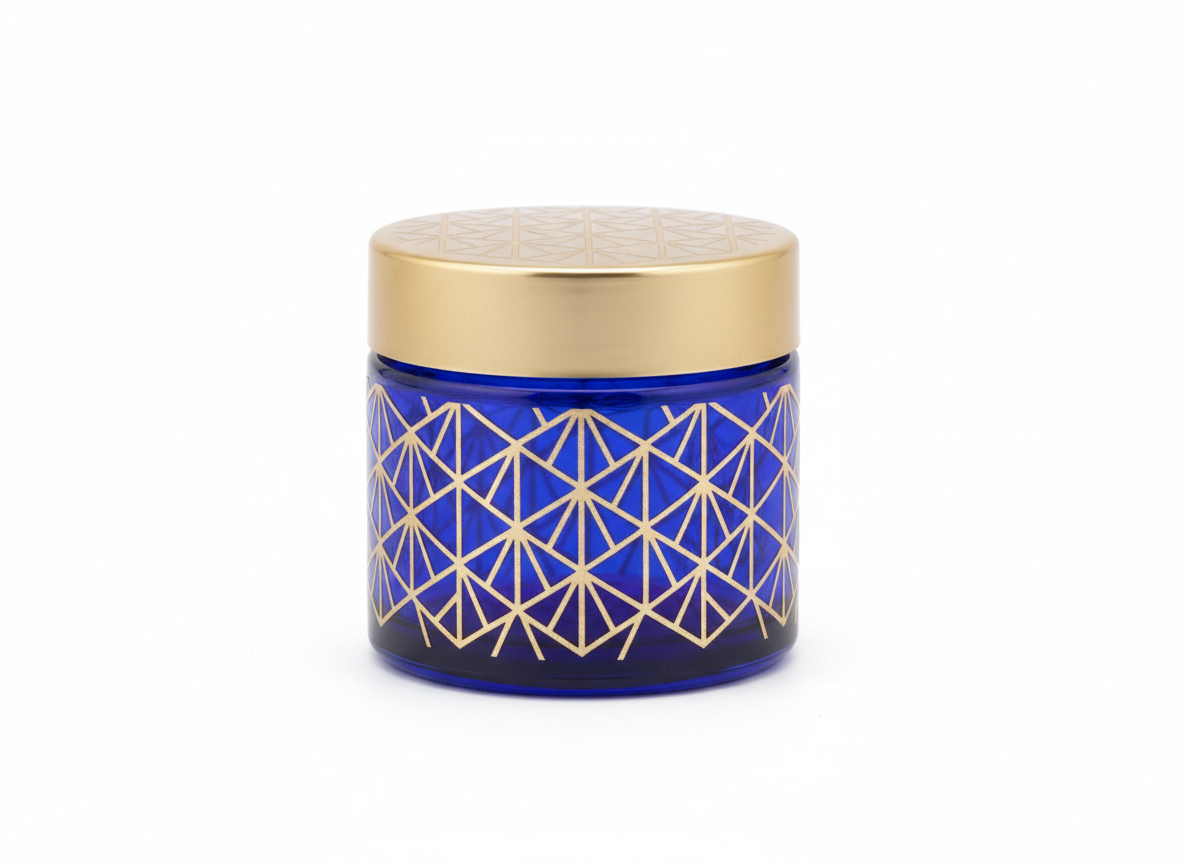 Blue & gold patterned glass jar