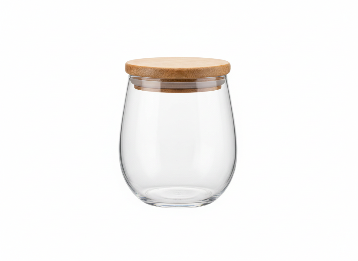 Curved wooden lid glass jar