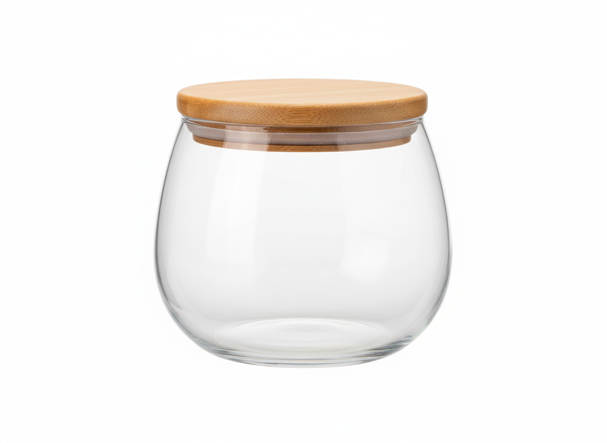 Curved wide wooden lid glass jar
