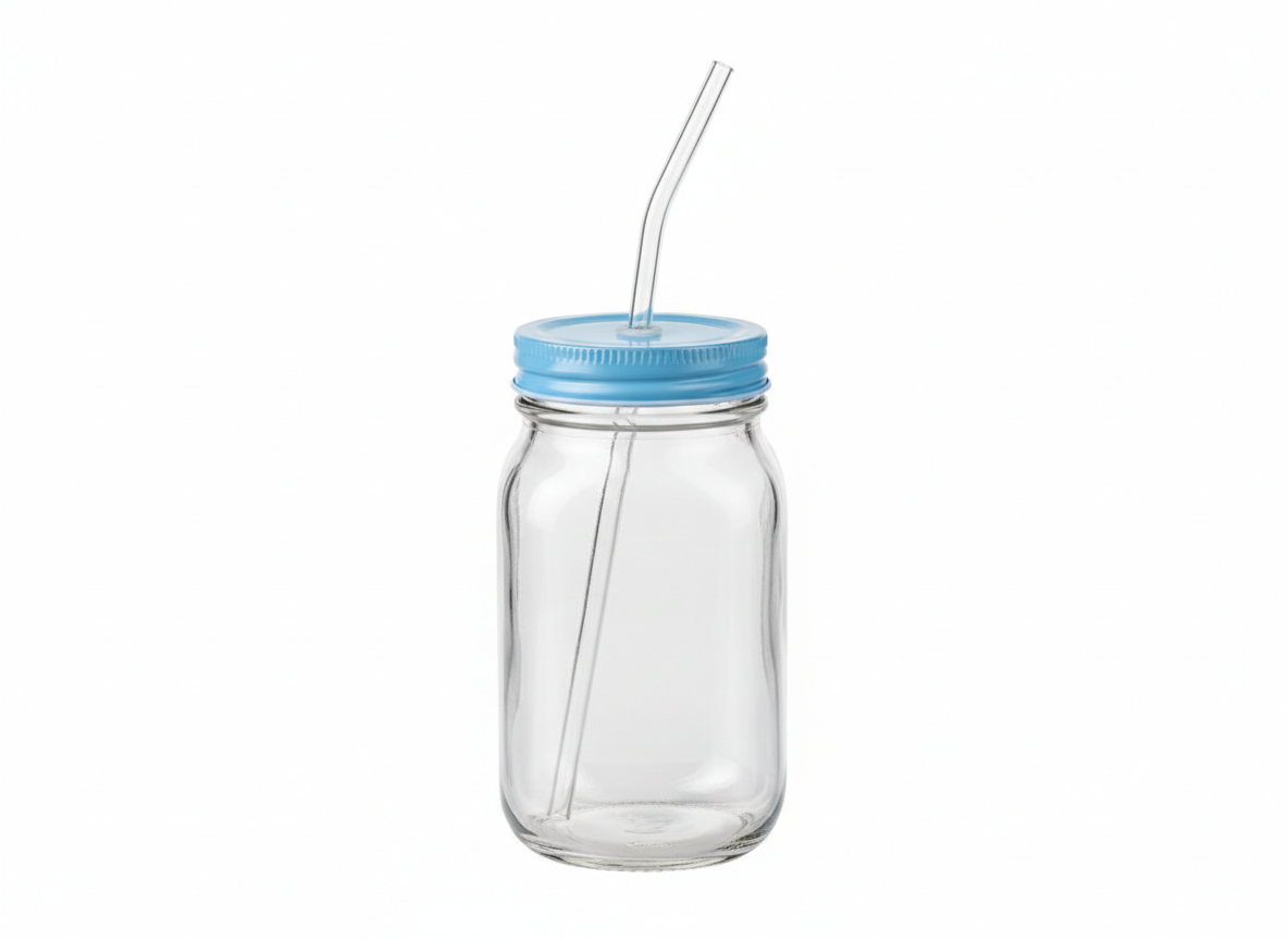 Blue lid reusable straw glass jar