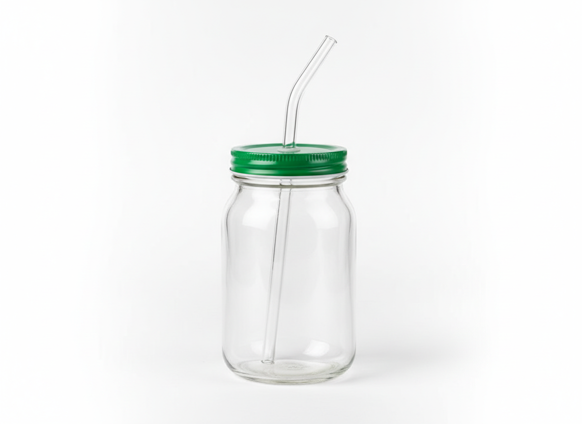 Green lid reusable straw glass jar
