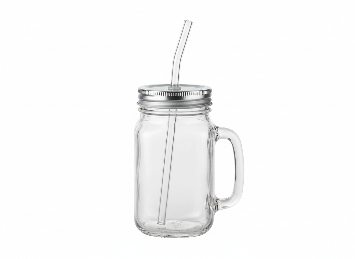 Silver lid reusable straw glass jar