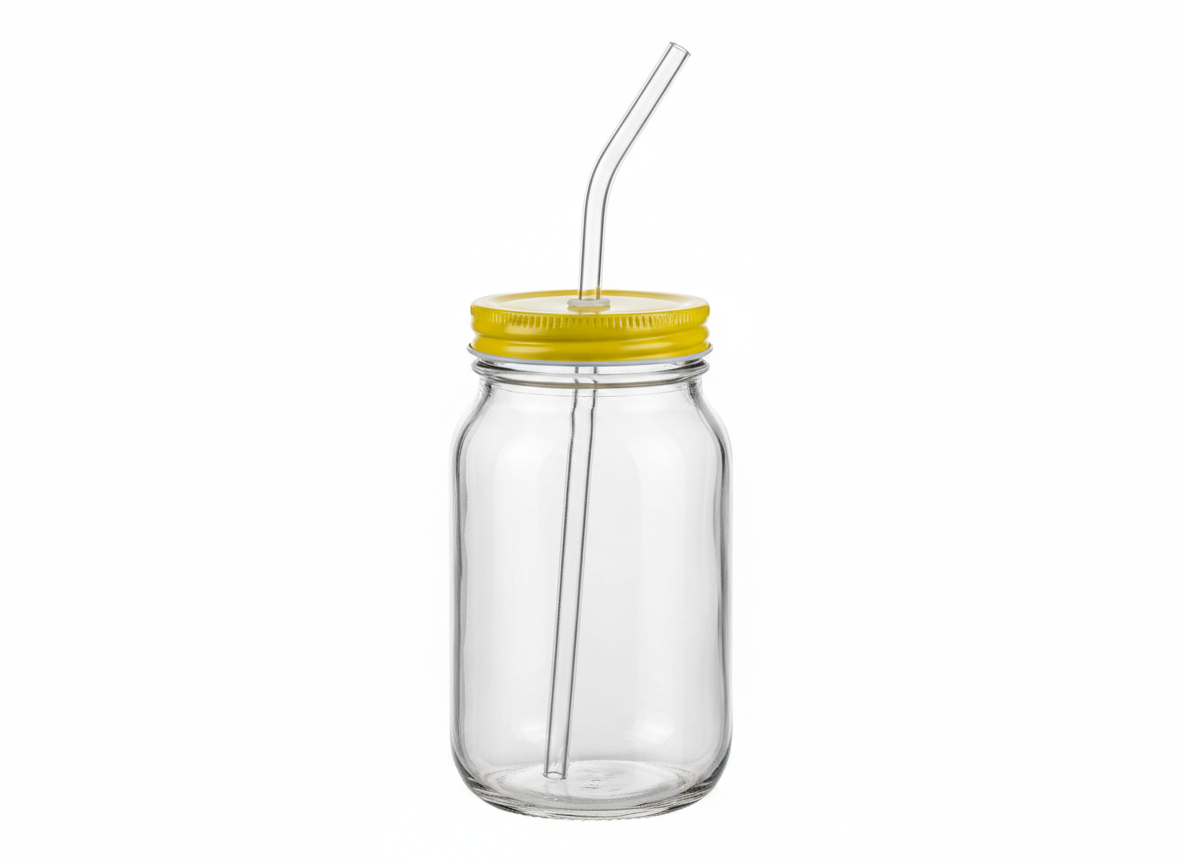 Yellow lid reusable straw glass jar