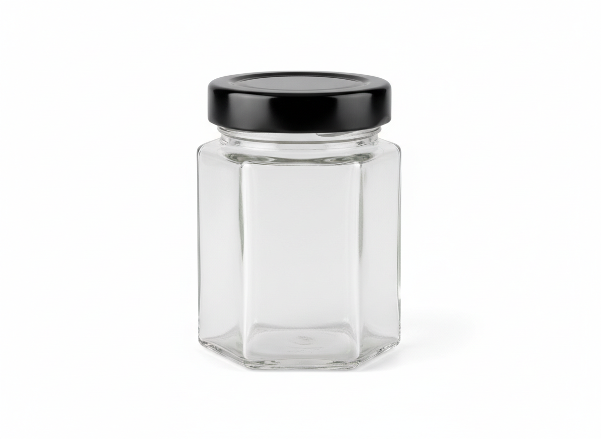 Hexagonal black steel cap glass jar