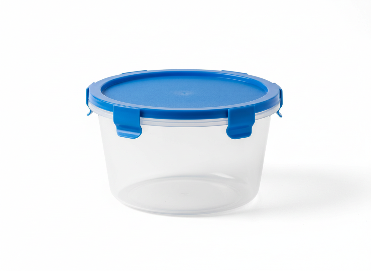 Plastic blue lid interlock round food container · Plastic 500 ml (Blue lid) · Interlock