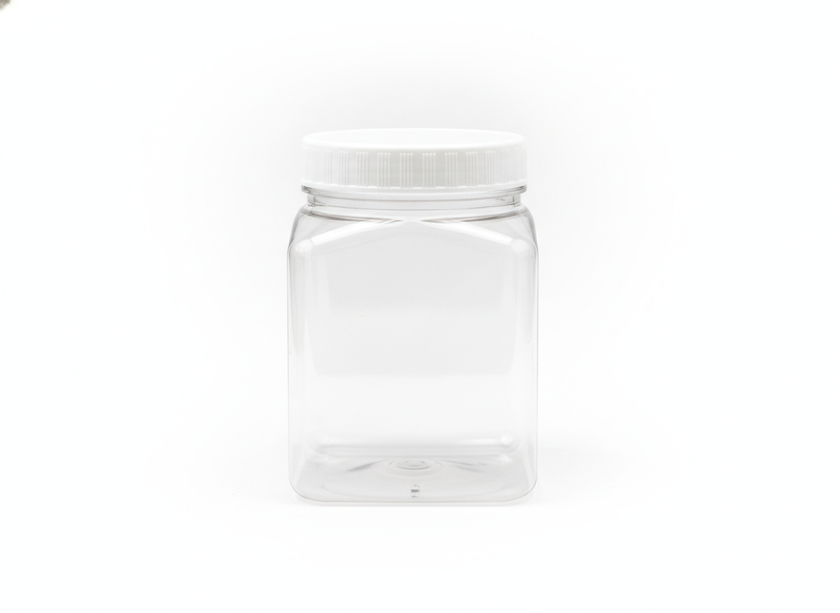 Clear white cap kilo square jar · Clear With White Cap · 1/2 kilo