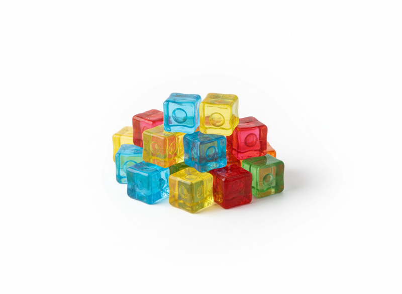 Reusable colored plastic ice cubes