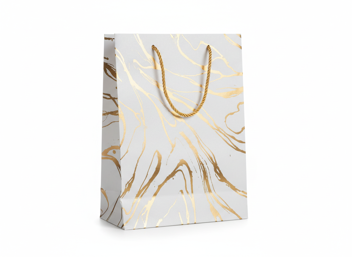 White golden marble design paper bags · White Golden · 27X21x11 cm