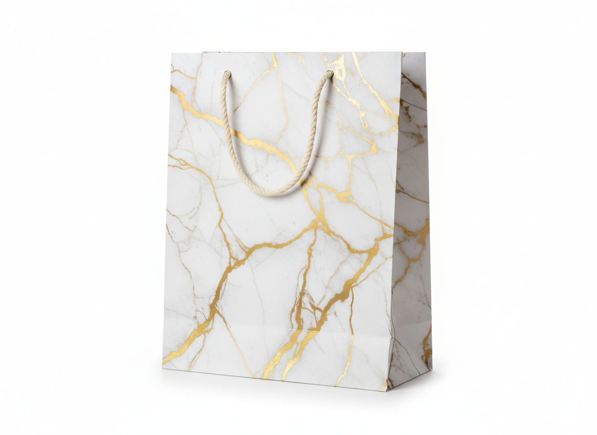 White golden marble design paper bags · White Golden · 33x26x12 cm