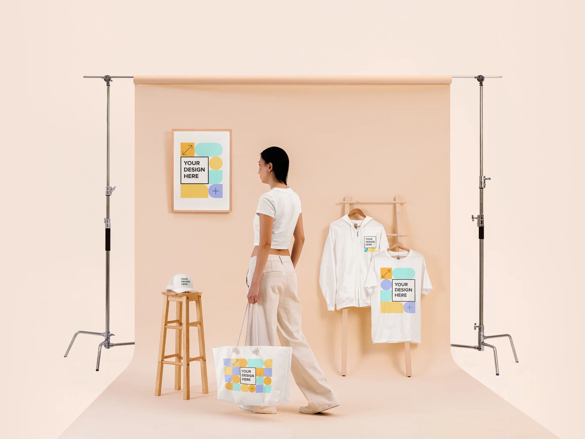 Studio backdrop, peach: framed print, tee, hoodie, cap and tote